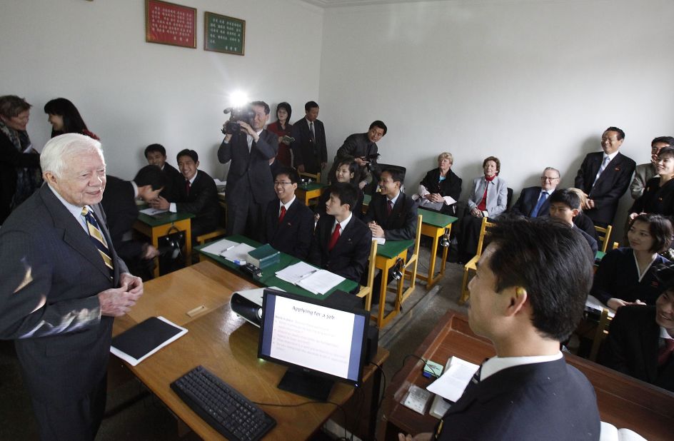 In April 2011, Carter addresses students at the Pyongyang University of Foreign Studies in Pyongyang, North Korea.