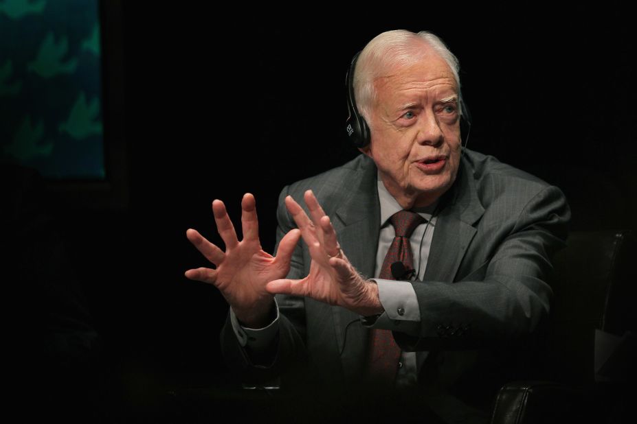 As part of the World Summit of Nobel Peace Laureates, Carter answers a question during a panel discussion at the University of Illinois in Chicago in April 2012.