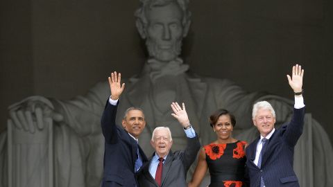 From left, President Obama, Carter, first lady Michelle Obama and Clinton wave from the steps of the Lincoln Memorial on August 28, 2013. It was the 50th anniversary of the March on Washington, which is best remembered for Martin Luther King Jr.'s 