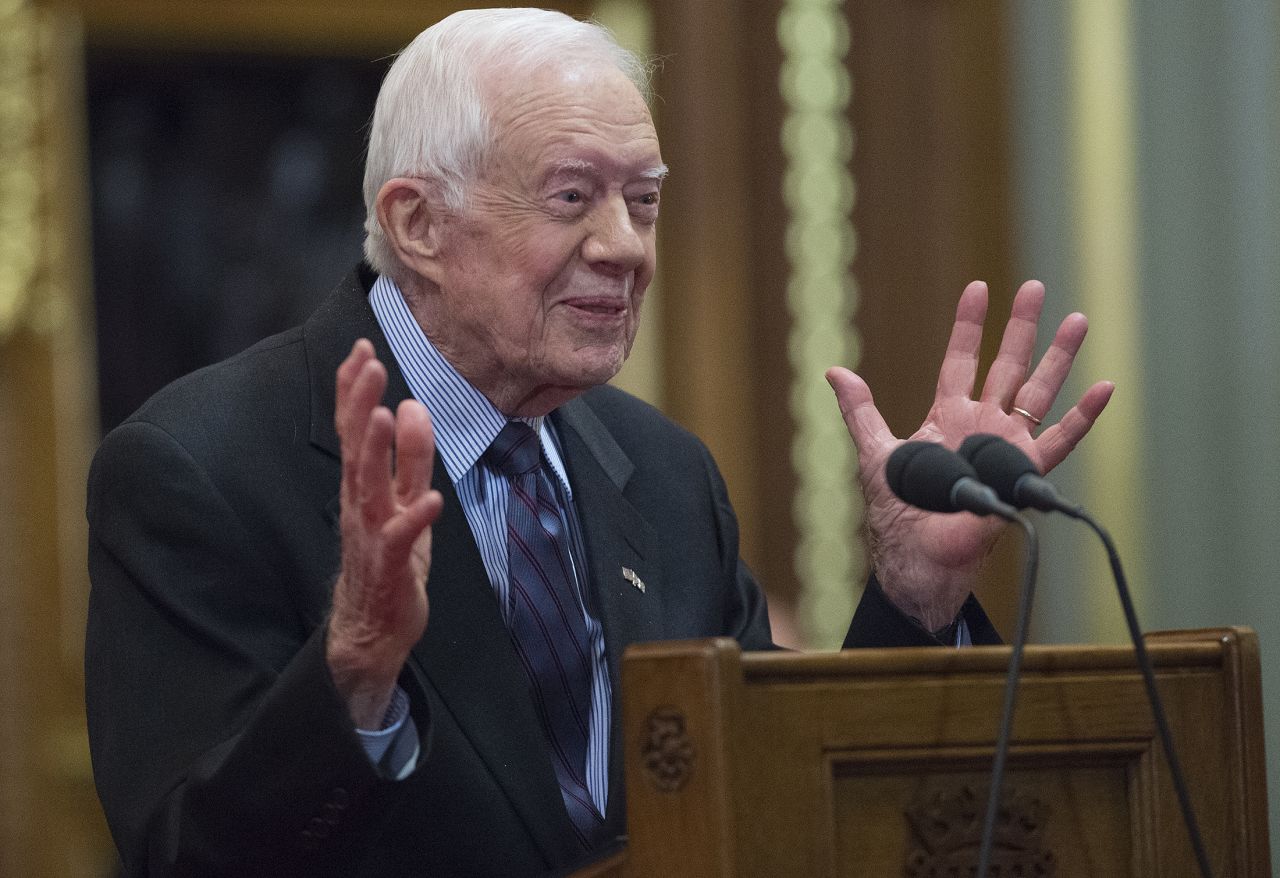 Carter delivers a lecture on the eradication of guinea worm disease at the House of Lords in London in February 2016.