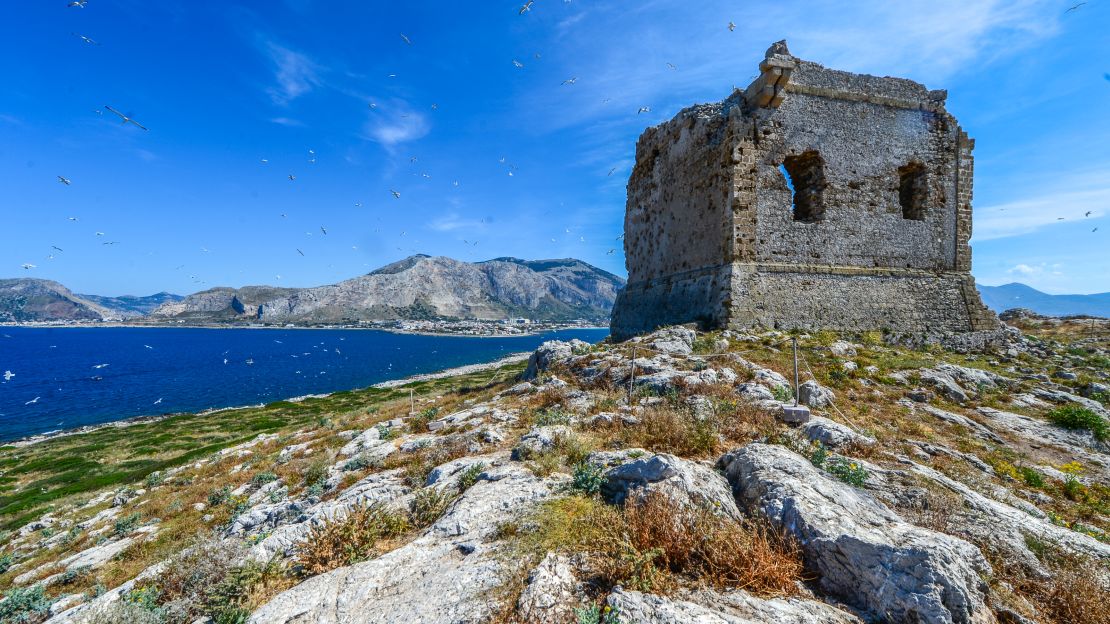 The ruins of a 17th century tower stand on the island.