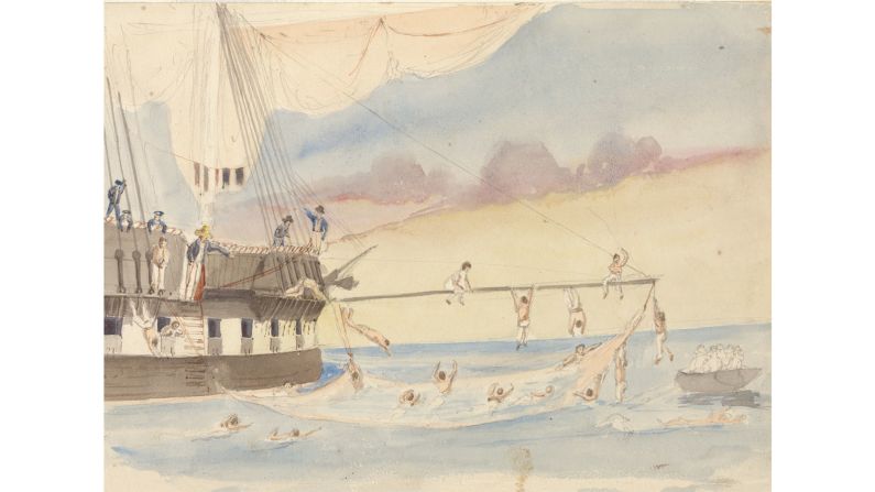 <strong>Bathing in the ocean: </strong>British hydrographer and captain Owen Stanley sketched his crew bathing in the ocean during his survey voyage on HMS Rattlesnake in 1848.