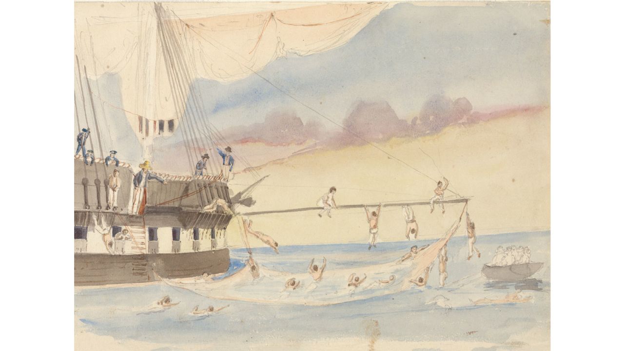 Owen Stanley sketched his crew bathing in the ocean during his survey voyage on the HMS Rattlesnake in 1848.