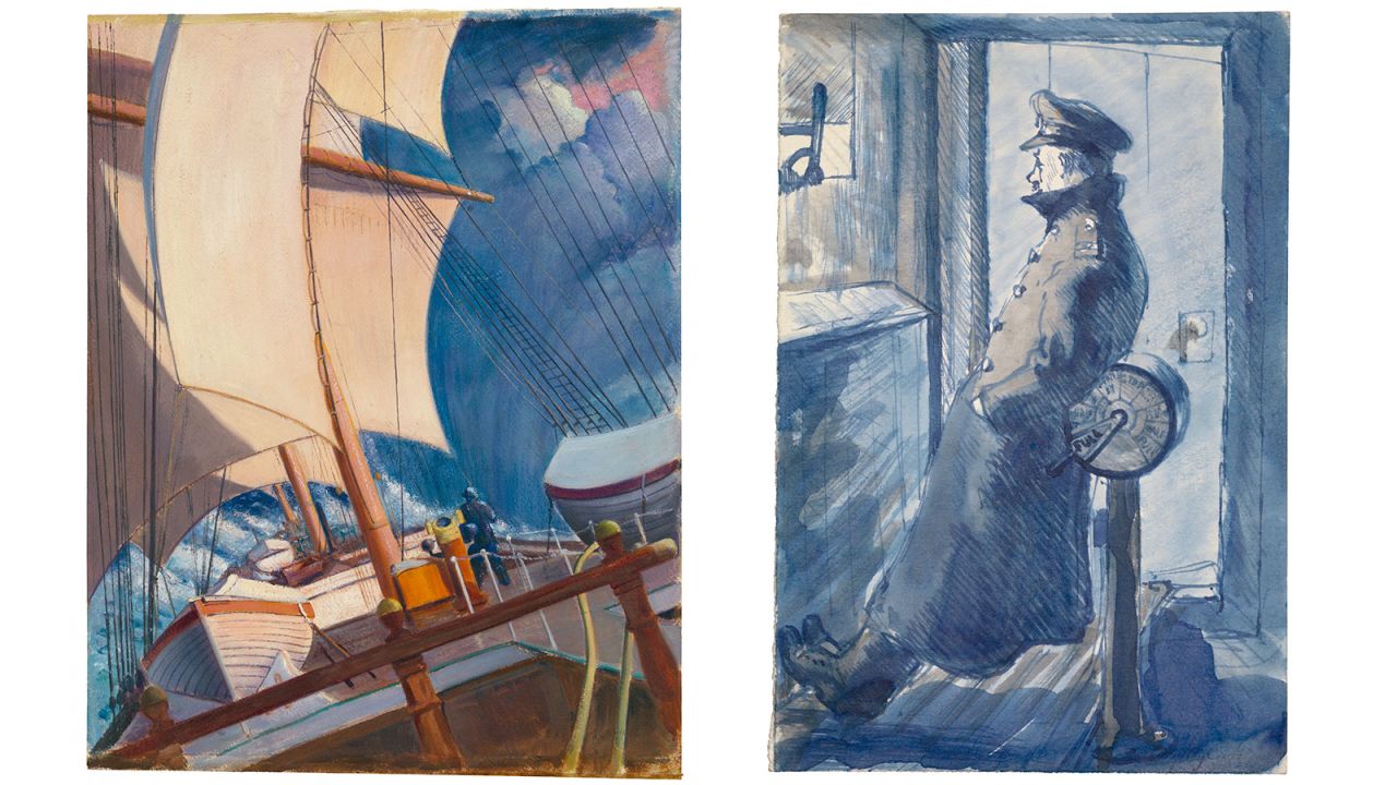 <strong>High seas:</strong> The artwork on the left depicts a boat in stormy seas and is by British mariner-artist John Everett, who crossed the Atlantic several times in the 1920s. On the right is the Englishman John Kingsley Cook's "Informal pose in the Wheelhouse, 1941."