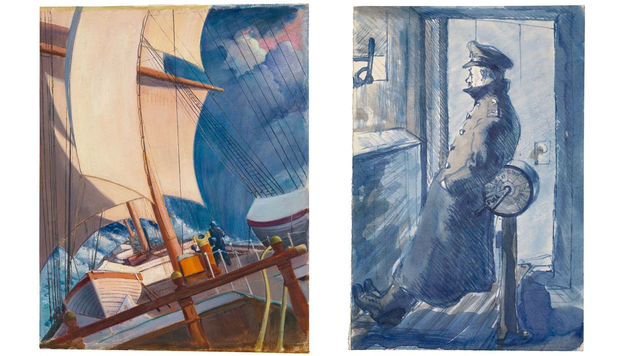 On the left, a boat in stormy seas, by mariner-artist John Everett. On the right is John Kingsley Cook's "Informal pose in the Wheelhouse, 1941."