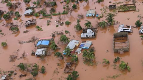 Houses in a flooded area of Buzi, central Mozambique, on March 20, 2019, after the passage of Cyclone Idai. 