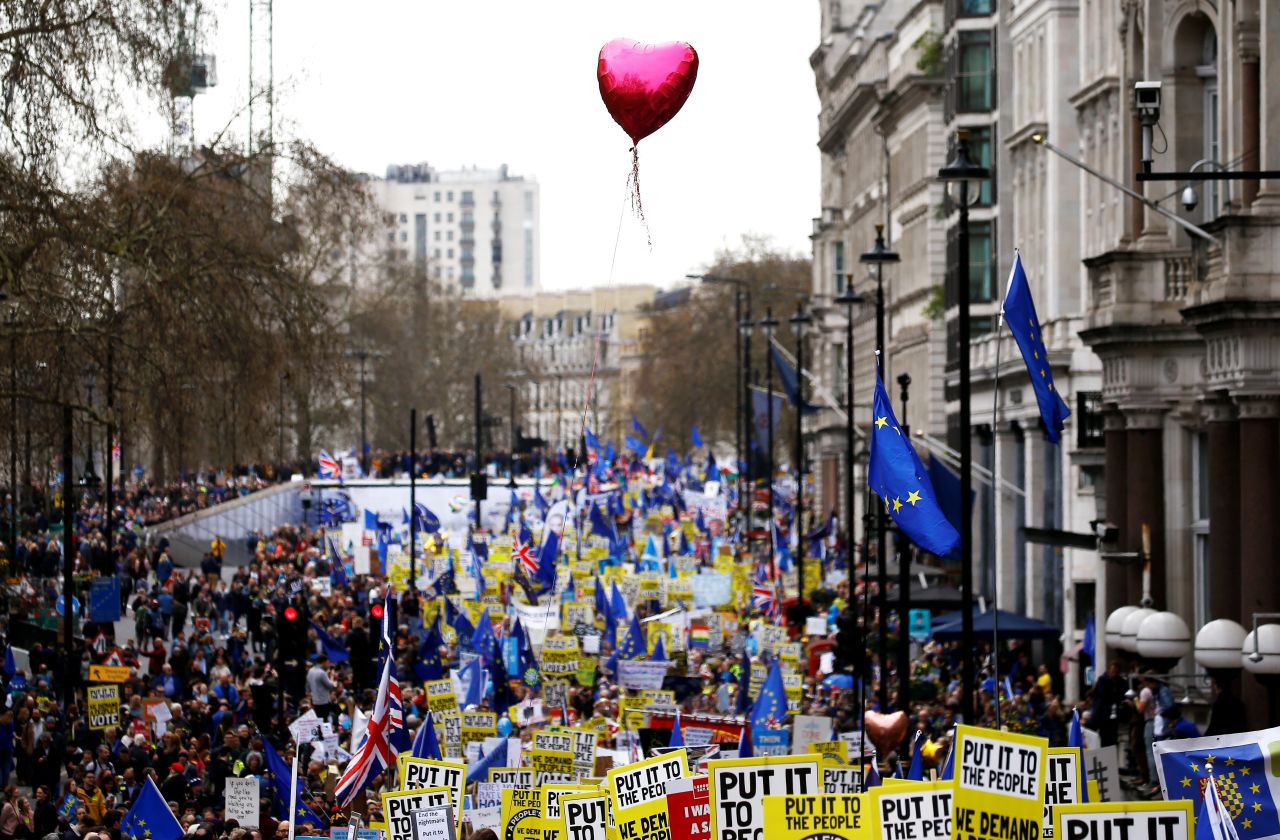Crowds of EU supporters call on the government to give Britons a vote on the final Brexit deal in the protest in central London on March 23.