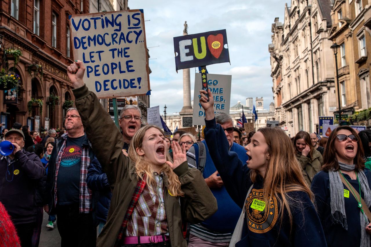 Protesters take part in the Put It To The People March on March 23, 2019, in London.