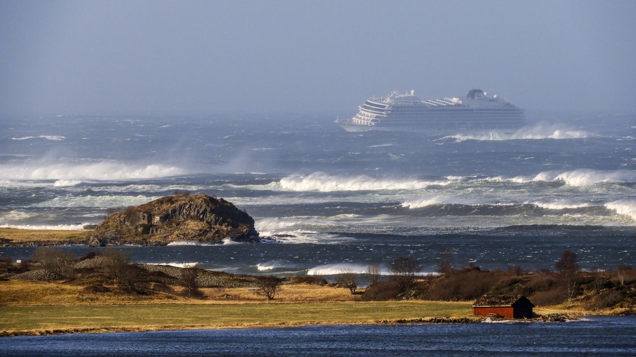 The Viking Sky cruise ship is seen in rough seas Saturday in the Hustadvika area off western Norway.