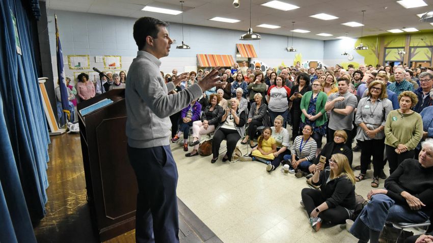 South Bend Mayor Pete Buttigieg speaks to a crowd about his Presidential run during the Democratic monthly breakfast held at the Circle of Friends Community Center in Greenville, S.C. Saturday, March 23, 2019. (AP Photo/Richard Shiro)
