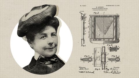 Mary Anderson with her schematics for an early version of the windshield wiper, patented in 1903. She got the idea when she toured New York in a trolley car on a snowy day and noticed the driver often had to open his windows to see out.