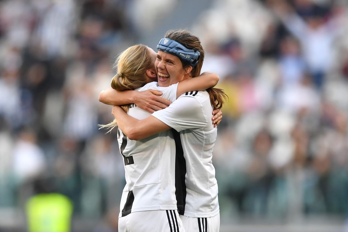 Sofie Pedersen (right) celebrates scoring the winner against Fiorentina