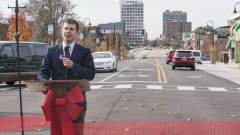 Buttigieg speaks in November 2014 during a presentation ceremony for a newly redeveloped area in South Bend.