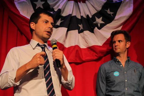 Buttigieg speaks at a debate-watching party in Chicago in September 2016. He was stumping for Democratic presidential candidate Hillary Clinton.