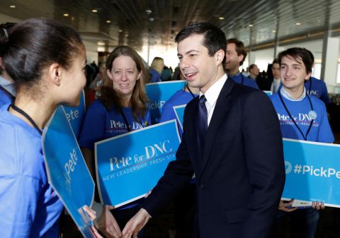 Buttigieg greets supporters during the DNC forum in February 2017. He was campaigning at the time to be the committee's chairman.