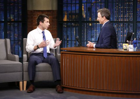 Buttigieg appears on "Late Night with Seth Meyers" in June 2017.
