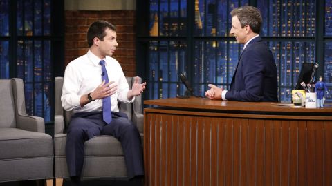 Buttigieg appears on "Late Night with Seth Meyers" in June 2017.