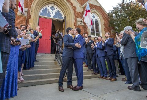 Buttigieg kisses his husband, Chasten, after they were married in South Bend in June 2018.