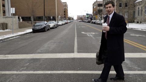 Buttigieg talks with a reporter in downtown South Bend in January 2019.