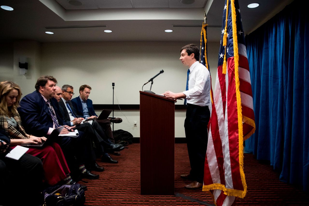 Buttigieg speaks to reporters in Washington after announcing his presidential ambitions.