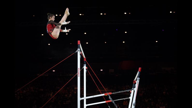Leah Griesser of Germany performs on the uneven bars during the 2019 Gymnastics World Cup at Resorts World Arena in Birmingham, England on Saturday, March 23.