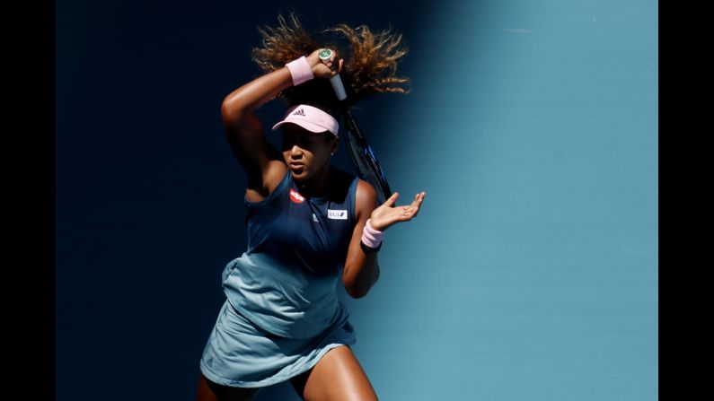 Naomi Osaka hits a forehand during a match against Yanina Wickmayer in the second round of the Miami Open on Friday, March 22. Osaka defeated Wickmayer in three sets.