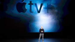 Apple CEO Tim Cook introduces Apple tv+ during a launch event at Apple headquarters on March 25, 2019, in Cupertino, California. (Photo by NOAH BERGER / AFP)        (Photo credit should read NOAH BERGER/AFP/Getty Images)