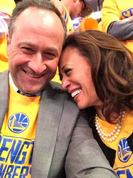 Harris and her husband attend a Golden State Warriors basketball game in May 2018.