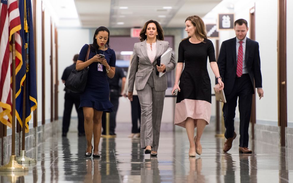 Harris arrives with staff for a Senate Judiciary Committee hearing in September 2018.