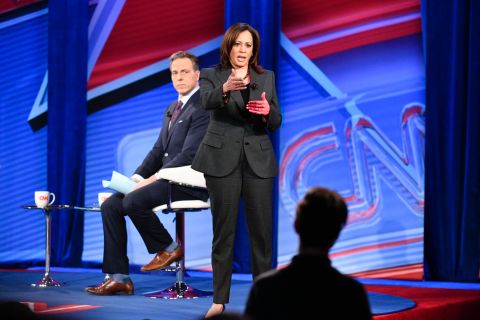 Harris speaks during her CNN town-hall event, which was moderated by Jake Tapper in Iowa in January 2019.
