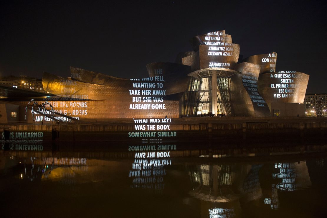 A projection titled "For Bilbao" was projected on the Guggenheim Bilbao Museum's facade as part of the "Jenny Holzer: Thing Indescribable" exhibition on March 21.