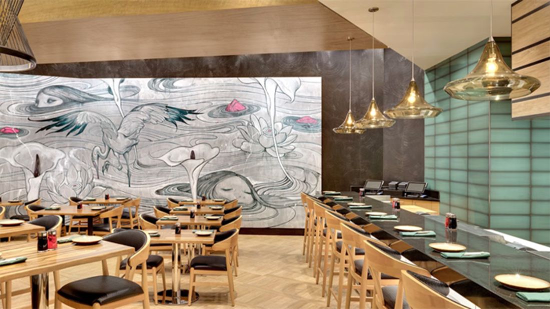 <strong>Oodles of noodles.</strong> Send Noodles, a new Pan-Asian restaurant, features two murals by famed Taiwanese-American artist James Jean. The murals, titled Alimental Thread, were created using acrylic paint and acrylic gouache (an opaque acrylic matte finish paint).