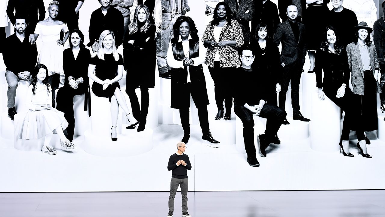 Tim Cook, chief executive officer of Apple Inc., speaks during an event at the Steve Jobs Theater in Cupertino, California, U.S., on Monday, March 25, 2019. The company is unveiling streaming video and news subscriptions, key parts of Apple's push to transform itself into a leading digital services provider. Photographer: David Paul Morris/Bloomberg via Getty Images