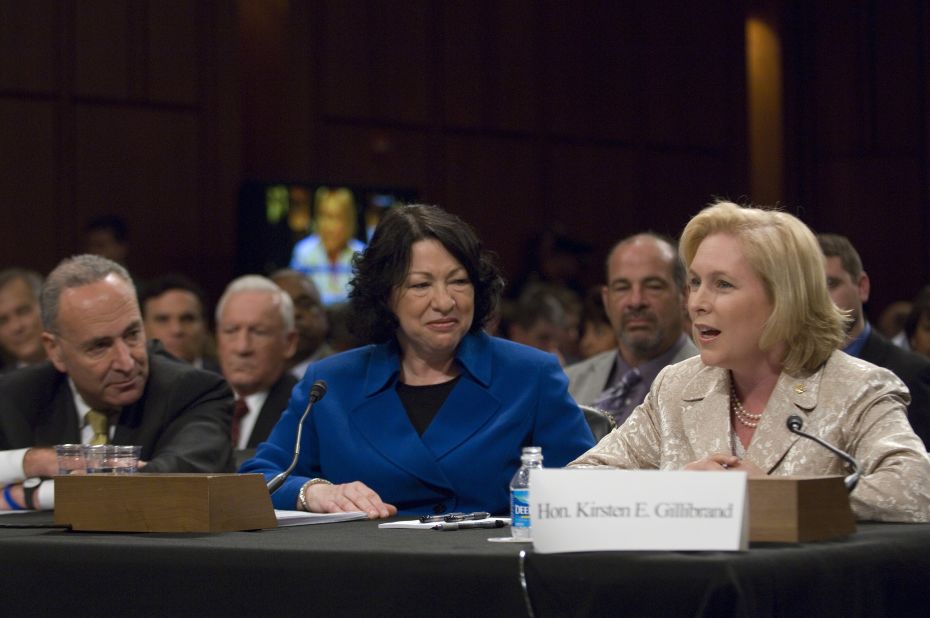 Gillibrand and Schumer introduce Supreme Court nominee Sonia Sotomayor during Sotomayor's confirmation hearings in 2009. Sotomayor is from the Bronx in New York City.