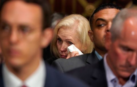 Gillibrand reacts to testimony from Christine Blasey Ford during Kavanaugh's confirmation hearings in September 2018. Ford accused Kavanaugh of sexual and physical assault from an incident in the 1980s, when the two were at a party during their high-school years. Kavanaugh repeatedly denied Ford's allegation, and he called accusations "a calculated and orchestrated political hit."