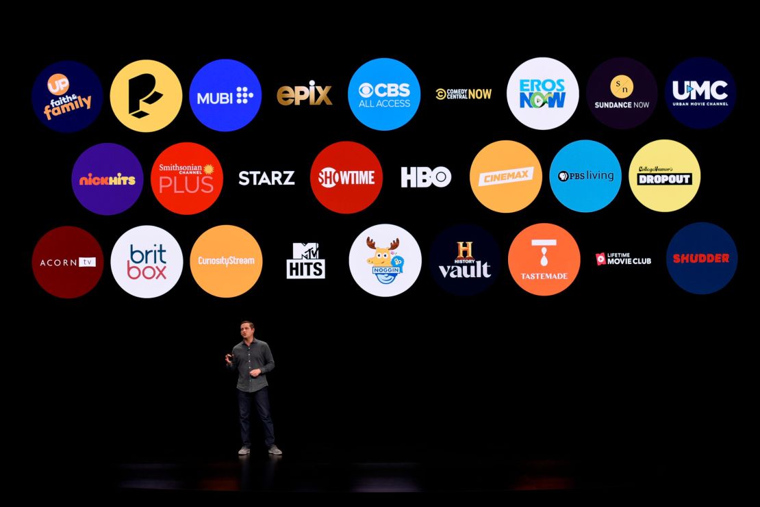 Peter Stern, vice president of Services at Apple Inc., speaks during a company product launch event at the Steve Jobs Theater at Apple Park on March 25, 2019.