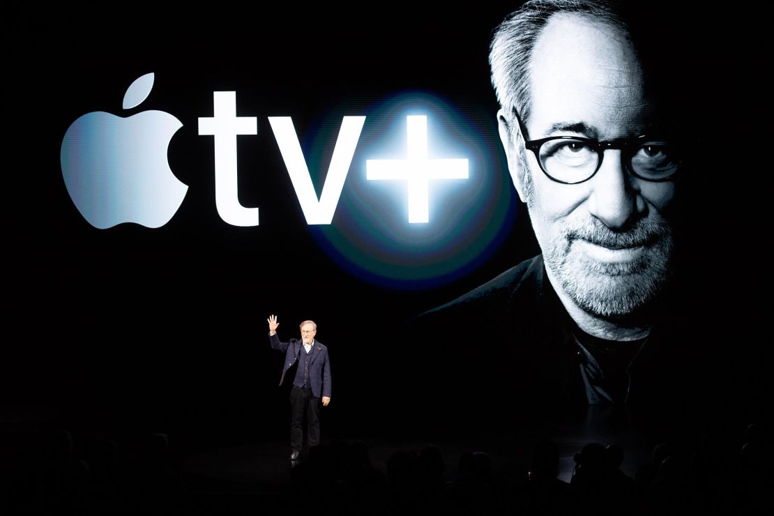 Director Steven Spielberg speaks during the Apple TV+ launch
