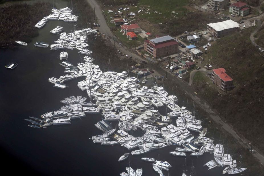 An aerial view shows yachts piled high after the 185 mph winds lashed Tortola.