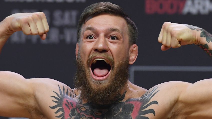 LAS VEGAS, NEVADA - OCTOBER 05:  Conor McGregor poses during a ceremonial weigh-in for UFC 229 at T-Mobile Arena on October 05, 2018 in Las Vegas, Nevada. McGregor will challenge UFC lightweight champion Khabib Nurmagomedov for his title at UFC 229 on October 6 at T-Mobile Arena in Las Vegas.  (Photo by Ethan Miller/Getty Images)