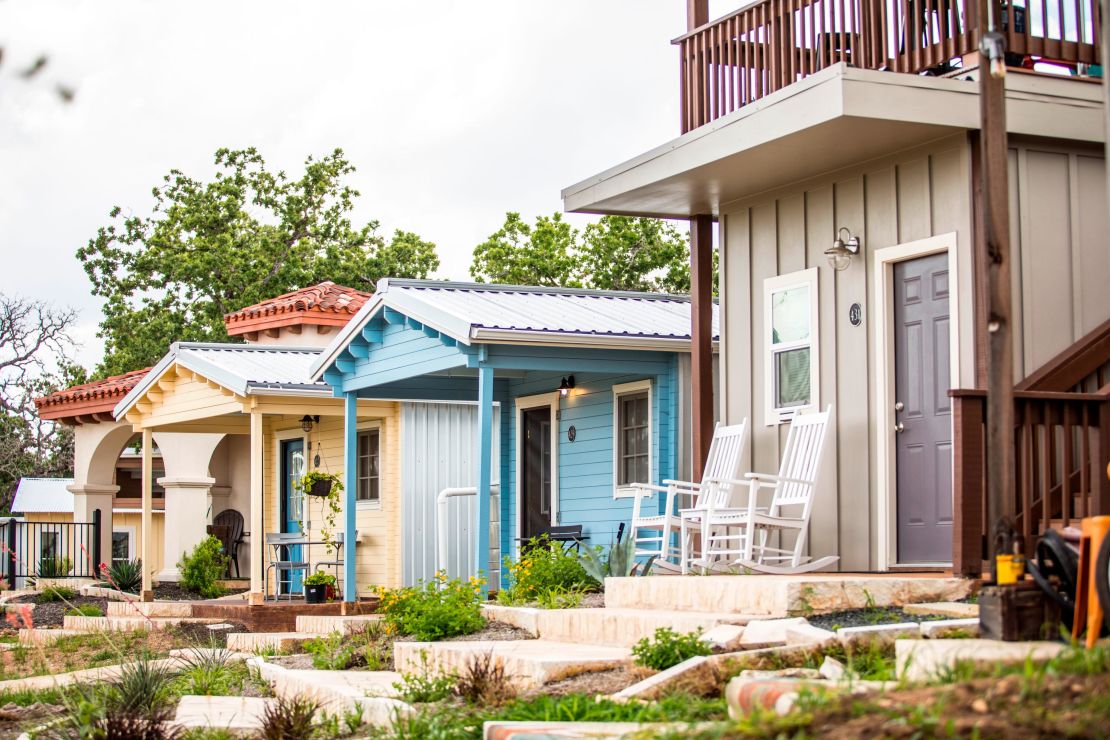 All the micro homes in Community First! Village offer front porches to encourage neighbors to get to know each other.
