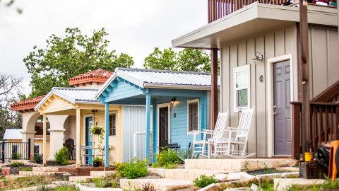 All the micro homes in Community First! Village offer front porches to encourage neighbors to get to know each other.