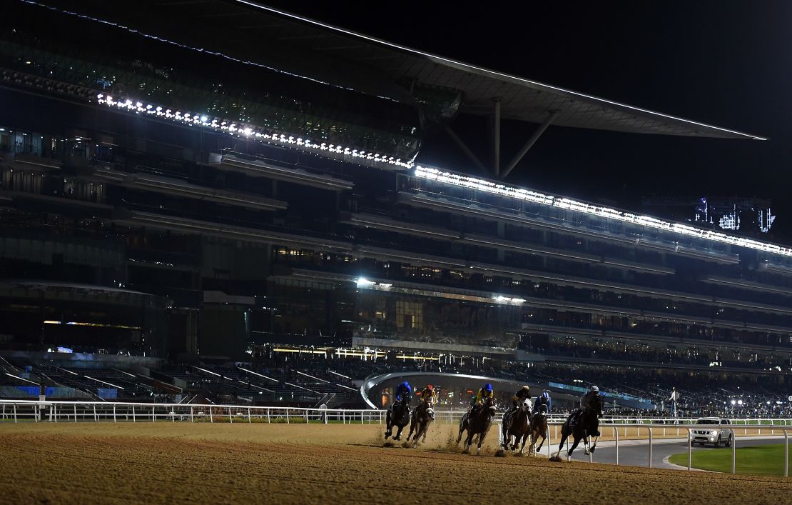 The Meydan Racecourse has an impressive grandstand that stretches for almost a mile. 