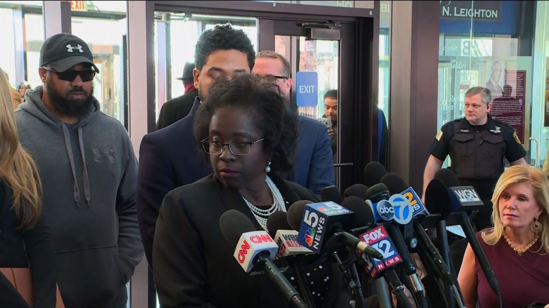 Patricia Brown Holmes, the attorney for Smollett, fields reporters' questions Tuesday in Chicago. 