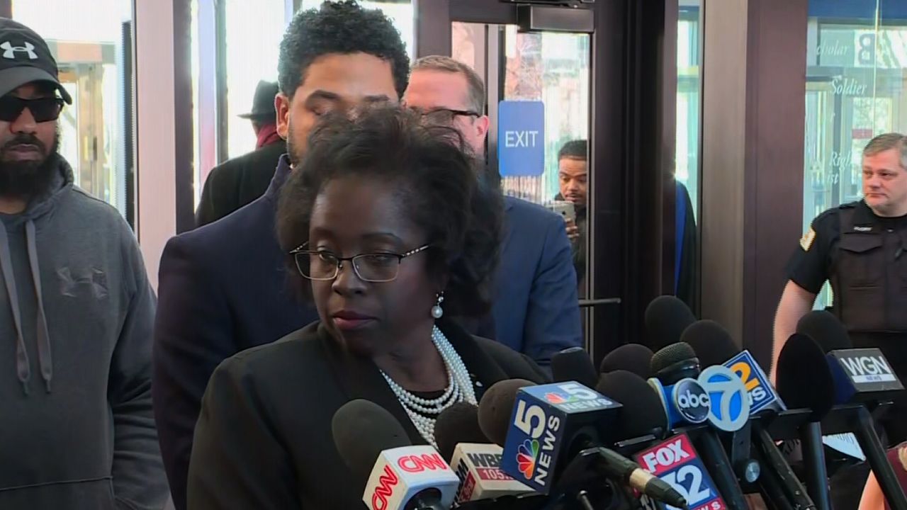Patricia Brown Holmes, the attorney for Smollett, fields reporters' questions Tuesday in Chicago. 