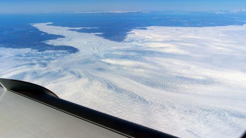 A view of the Jakobshavn Glacier from the window of a NASA research plane.