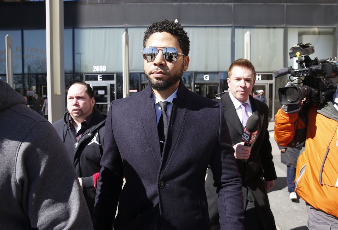 Jussie Smollett leaves a Chicago courthouse Tuesday after the charges were dropped against him.