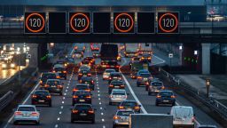 22 January 2019, Hessen, Frankfurt/Main: Illuminated panels indicate a speed limit of 120 kilometres per hour above the A3 motorway near Frankfurt Airport. Photo: Silas Stein/dpa (Photo by Silas Stein/picture alliance via Getty Images)