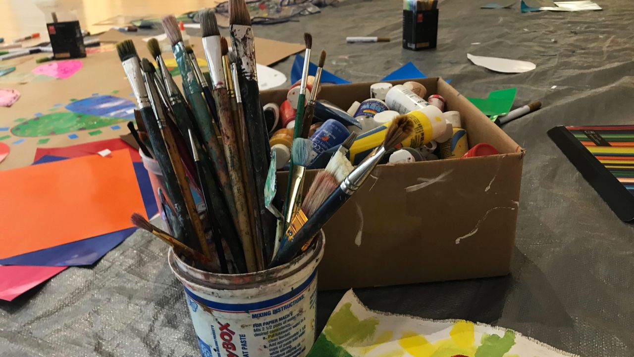 Art supplies sit in a gallery at the Coral Springs Museum of Art in Florida.