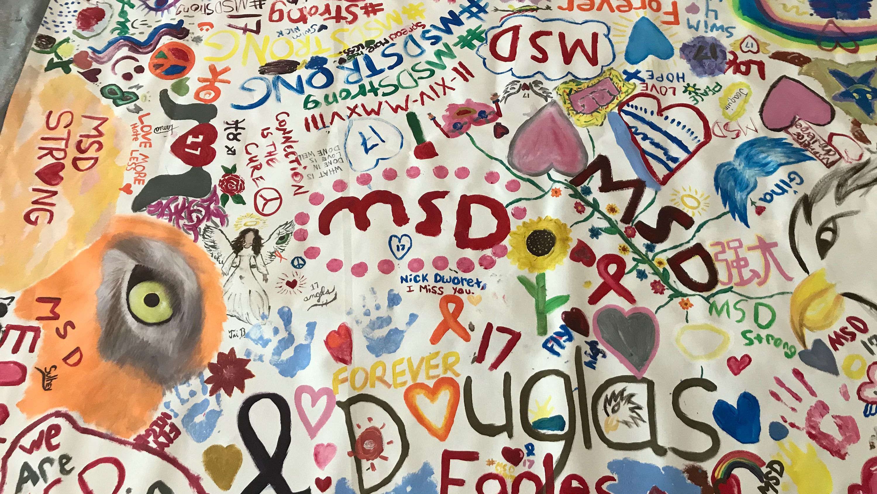 Students from Marjory Stoneman Douglas created a canvas mural at the library on the anniversary of the mass shooting.