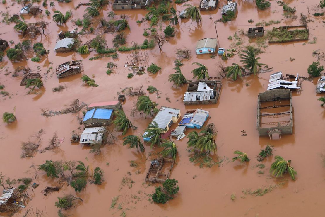 A picture shows houses in a flooded area of Buzi, central Mozambique, on March 20, 2019, after the passage of cyclone Idai. 